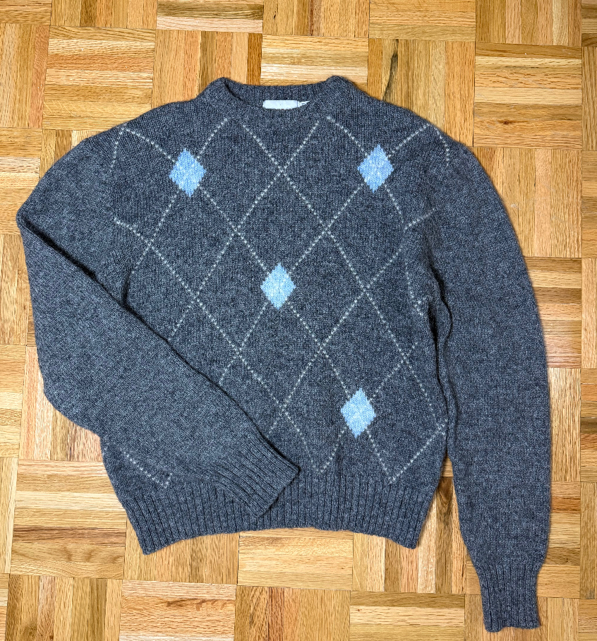 Vintage 1960's Heather Gray & Light Blue Wool Argyle Classic Sweater- Size XL
