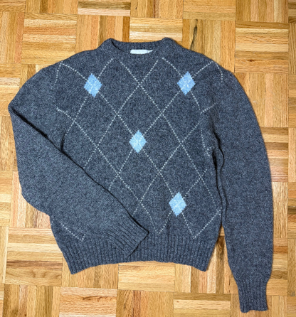 Vintage 1960's Heather Gray & Light Blue Wool Argyle Classic Sweater- Size XL