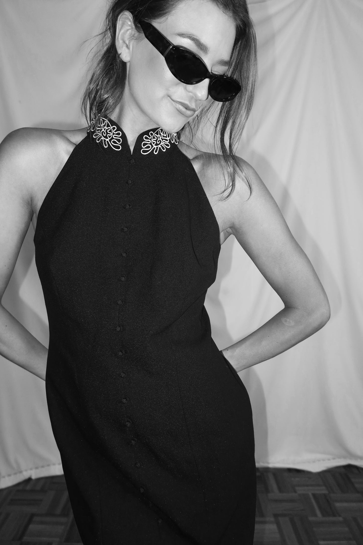 1990'S Button Front Mandarin Collar Midi Dress- Size 6 Petite