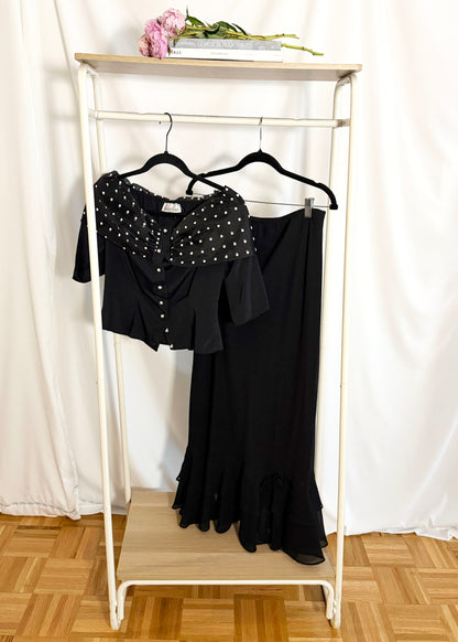 1980's Off The Shoulder Polka Dot Pearl Button Up Top- Size S/M